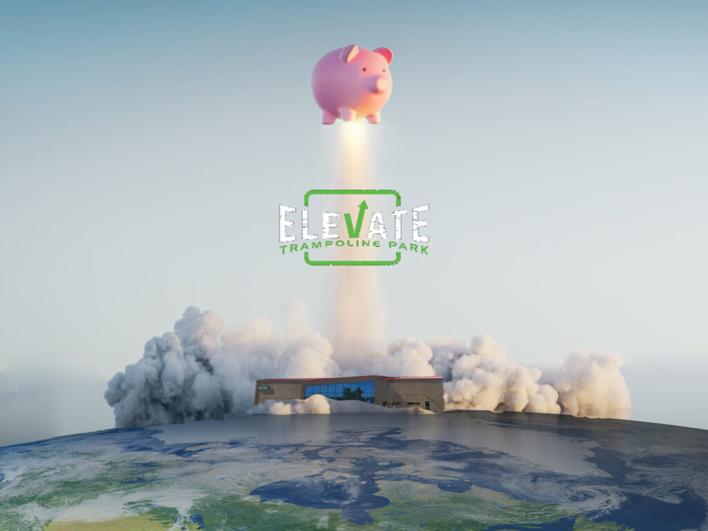 piggy bank launching like a rocket showing how you can save money with trampoline park memeberships at elevate